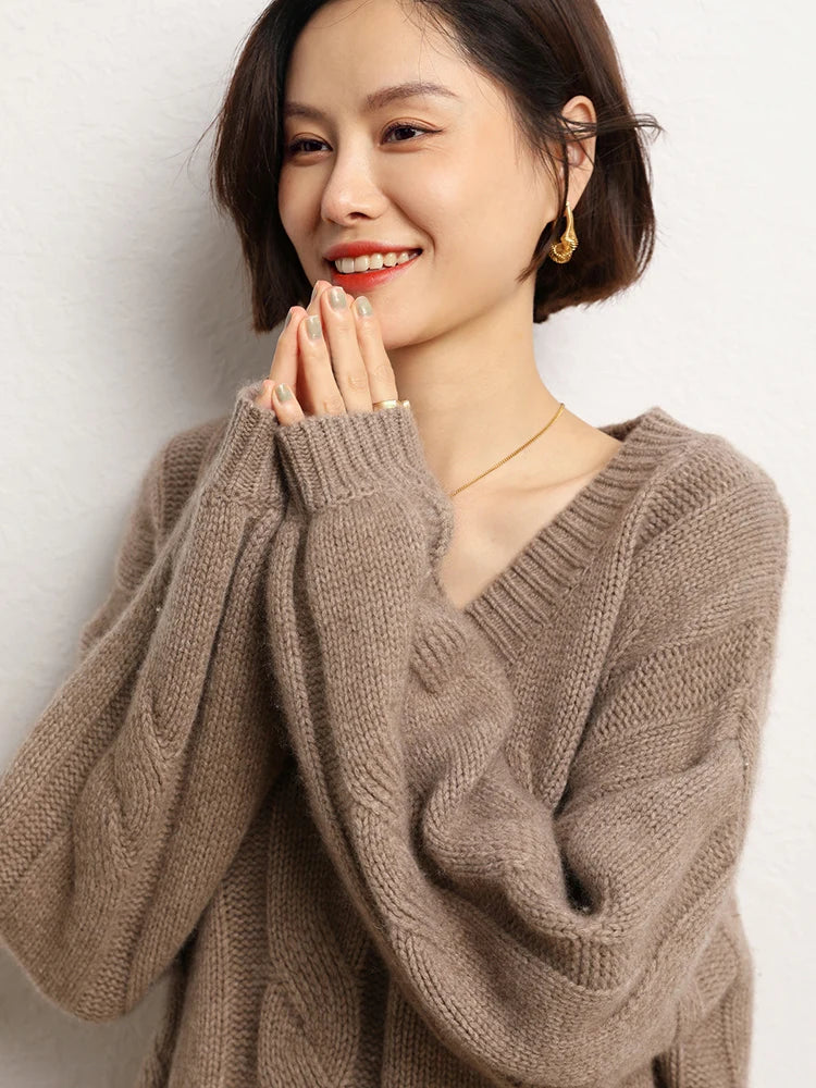 Women Loose Sweater V-neck Pullovers Knitwear