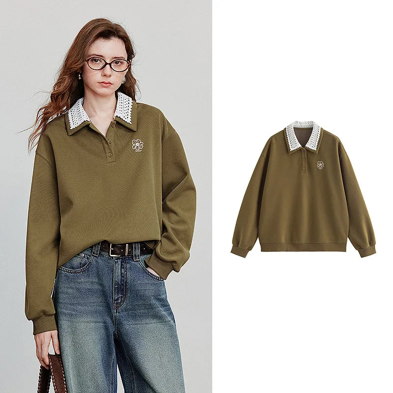 Velvet Embroidered Contrast Collar Sweatshirt Hoodie