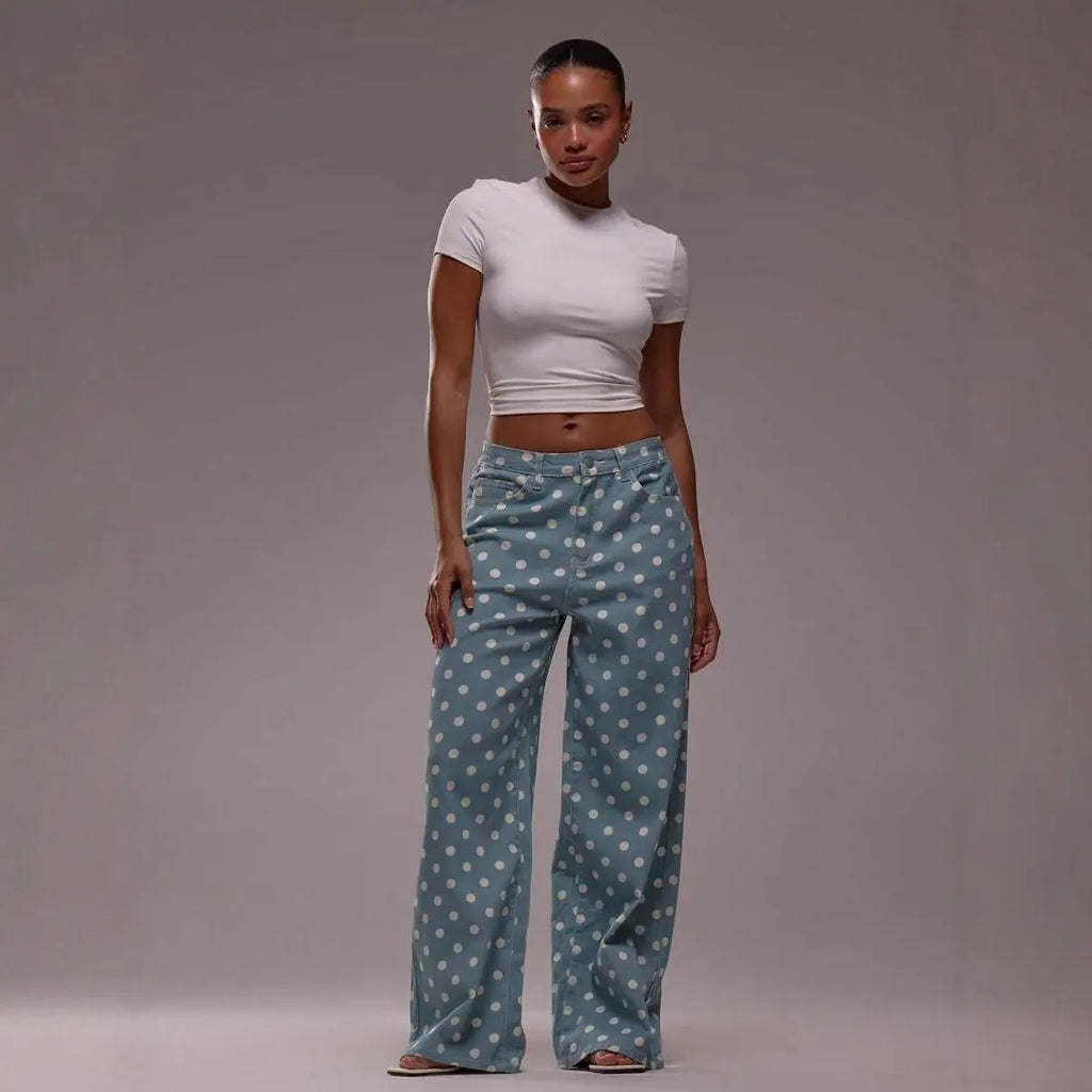 High Waist Polka Dot Wide Leg Jeans for Women