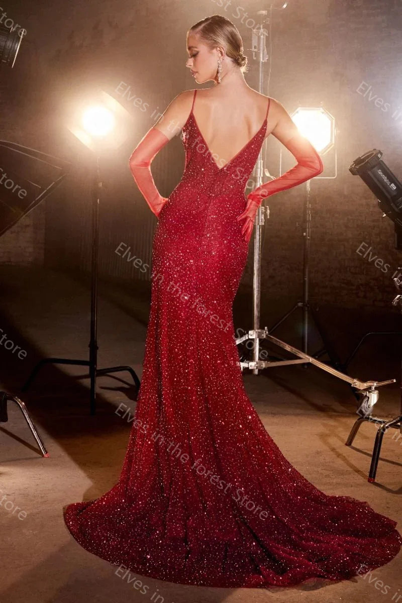 Shiny Red Sequin Side Split Evening Gown