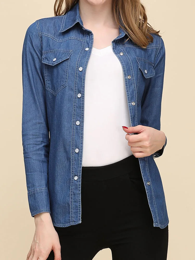 Spring 2026 New Denim Shirts And Blouse For Women Korean Style Long Sleeve Top Blue Or Sky Blue Color Jeans Elegant Blouses