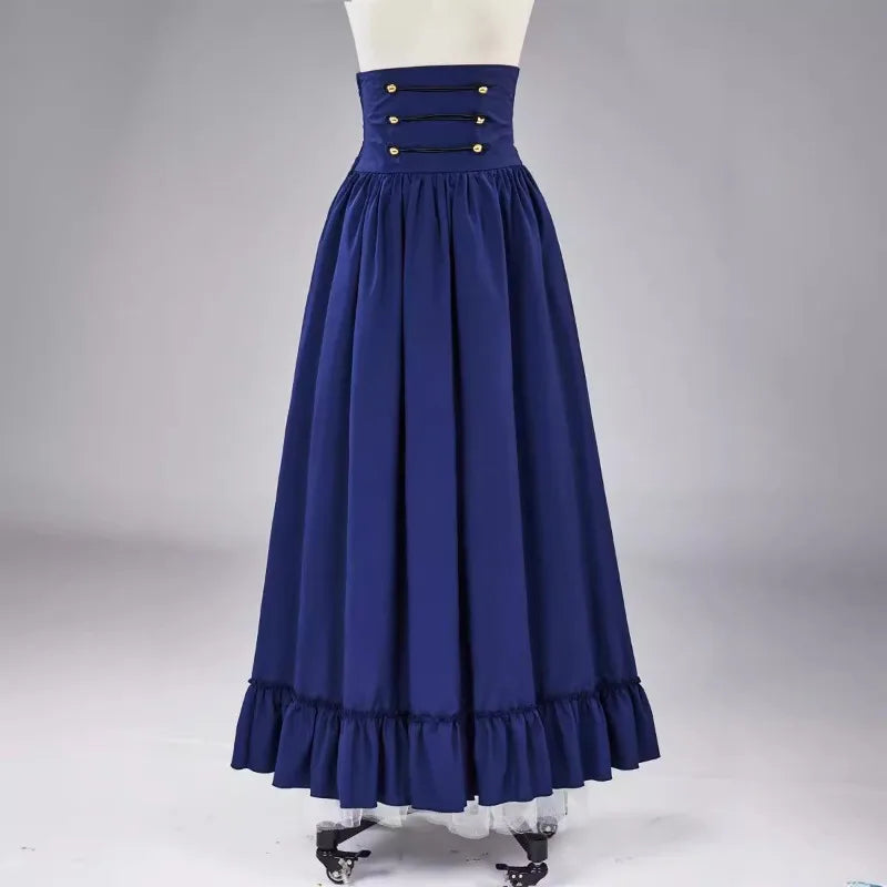 Vintage Renaissance Pleated Maxi Corset Button Skirt Women A Line Victoria High Waist Gown Gothic Swing Floor Ruffle Skirt