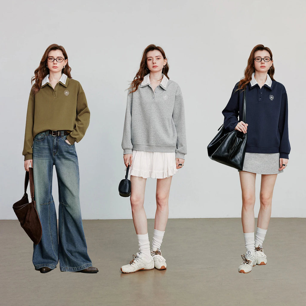 Velvet Embroidered Contrast Collar Sweatshirt Hoodie