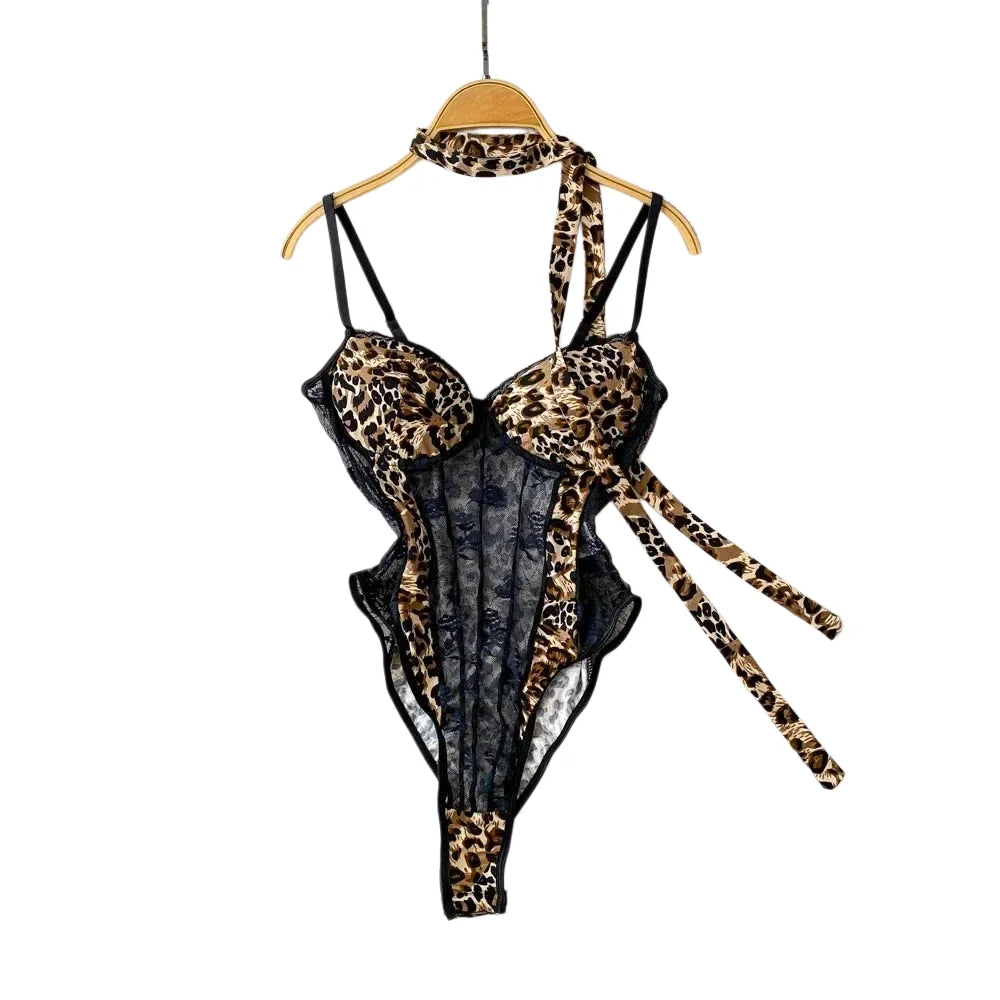Women Hotsweet V-neck Leopard Slim Vintage Straps Bodysuits Chic Lace Slim Jumpsuits Comfortable Fashion Underwear