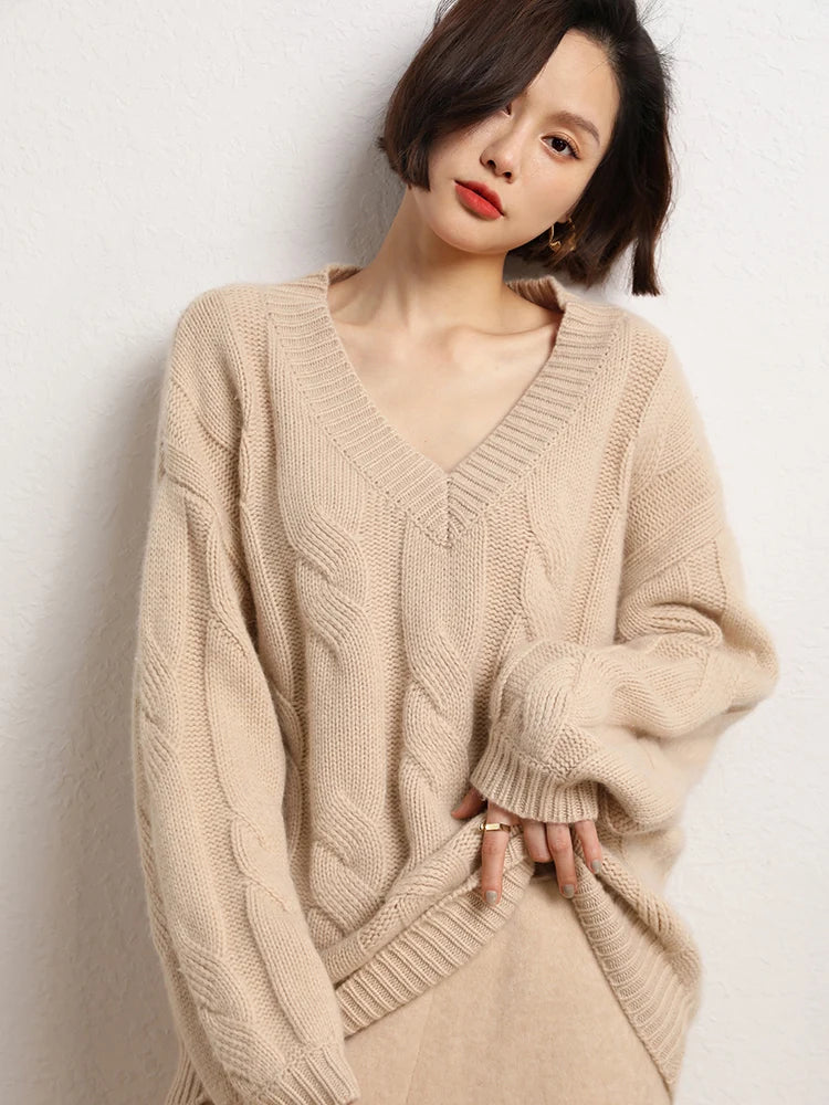 Women Loose Sweater V-neck Pullovers Knitwear