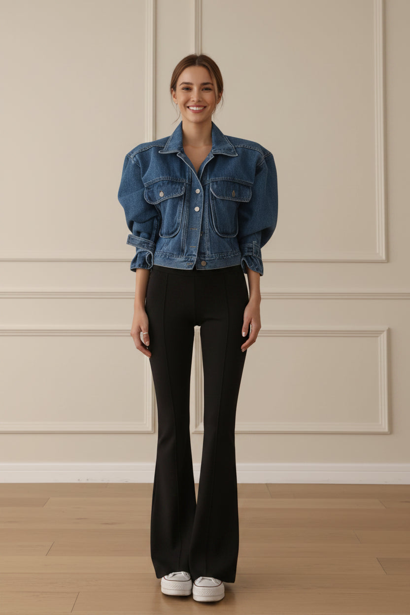Cropped Puff Sleeve Denim Jacket for Women