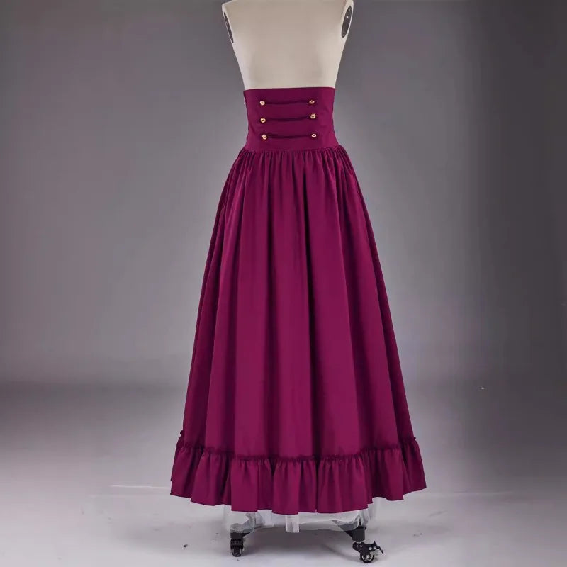 Vintage Renaissance Pleated Maxi Corset Button Skirt Women A Line Victoria High Waist Gown Gothic Swing Floor Ruffle Skirt