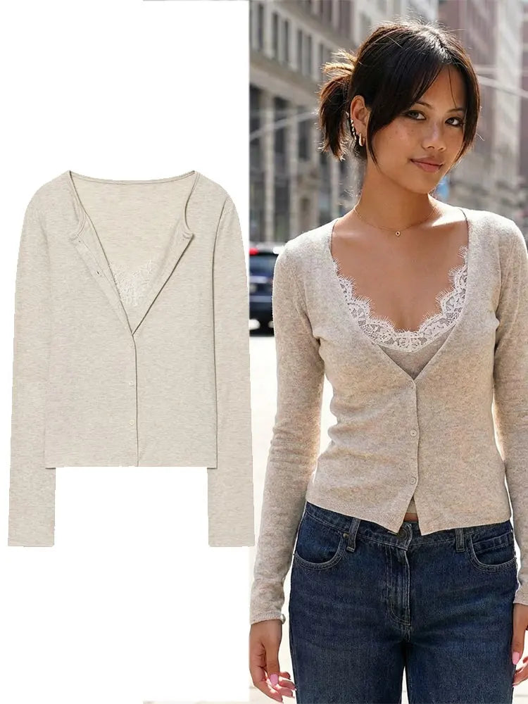 Women Fashion Lace V Neck Cropped Knit Sweater