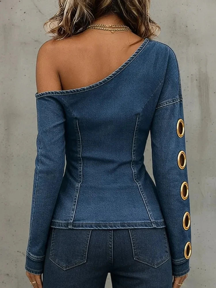 Off Shoulder Denim Cut Out Blouse for Women