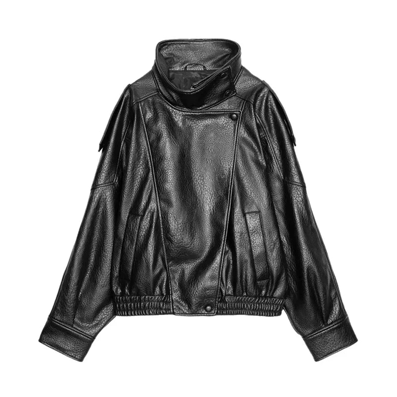 2026 Spring Women's Faux Leather Jacket Brown Black Long Sleeve Stand Collar Thick Loose Lady Coat Fashion Motorcycle Streetwear