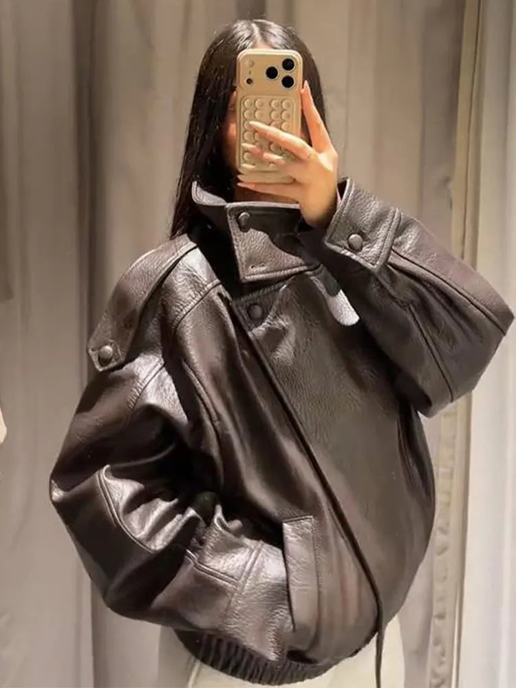 2026 Spring Women's Faux Leather Jacket Brown Black Long Sleeve Stand Collar Thick Loose Lady Coat Fashion Motorcycle Streetwear