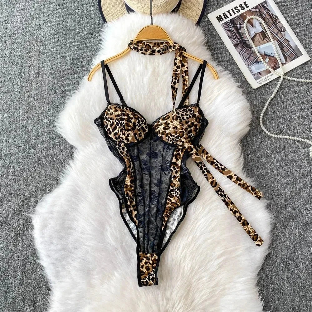 Women Hotsweet V-neck Leopard Slim Vintage Straps Bodysuits Chic Lace Slim Jumpsuits Comfortable Fashion Underwear