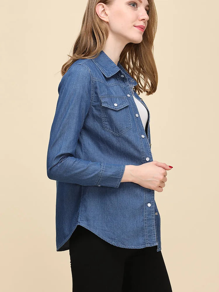 Spring 2026 New Denim Shirts And Blouse For Women Korean Style Long Sleeve Top Blue Or Sky Blue Color Jeans Elegant Blouses