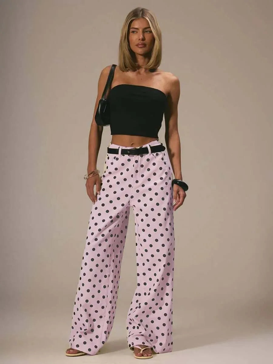 High Waist Polka Dot Wide Leg Jeans for Women