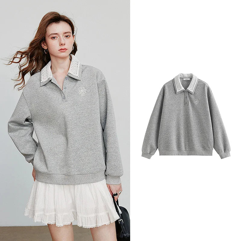 Velvet Embroidered Contrast Collar Sweatshirt Hoodie