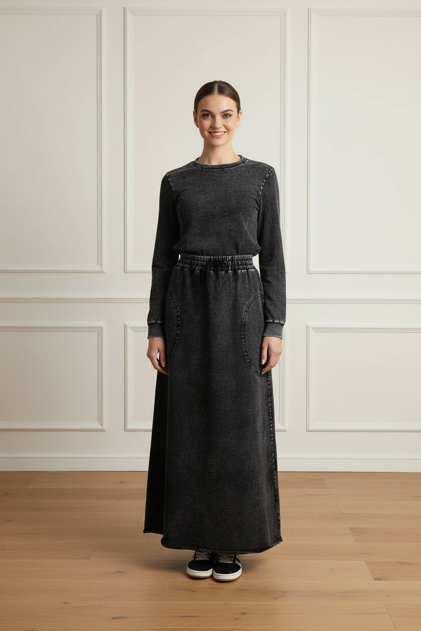 Denim Top and Maxi Skirt Set for Women with Raw Edge Detail