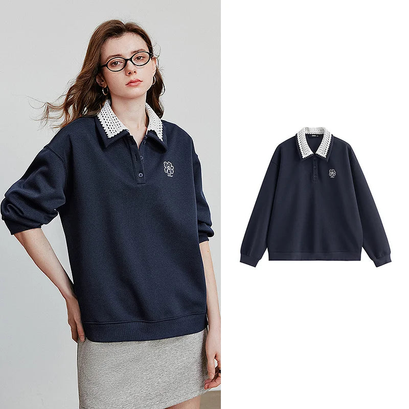 Velvet Embroidered Contrast Collar Sweatshirt Hoodie