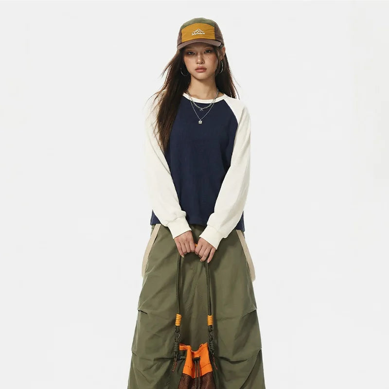 Maden Women's Americana Long Sleeve Pullover Sweatshirt Waffle Raglan Sleeve Soft Casual Colorblock Female Tops Spring Fall