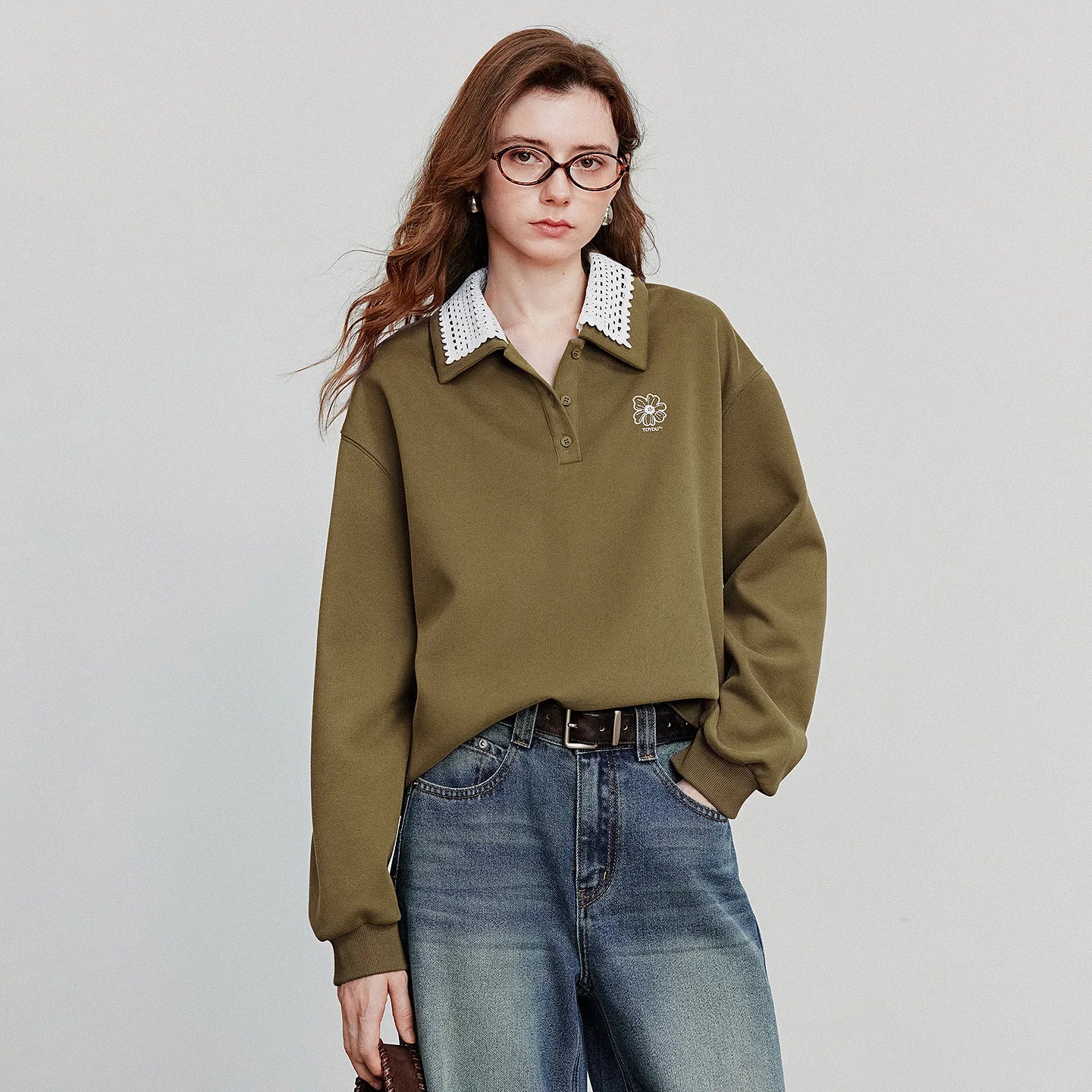 Velvet Embroidered Contrast Collar Sweatshirt Hoodie