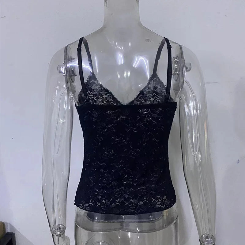Black See Through Lace Cami Crop Tops Women Summer Y2K Clothes Sleeveless V Neck Sexy Tanks Camis Aesthetic 2000s Gothic Tees