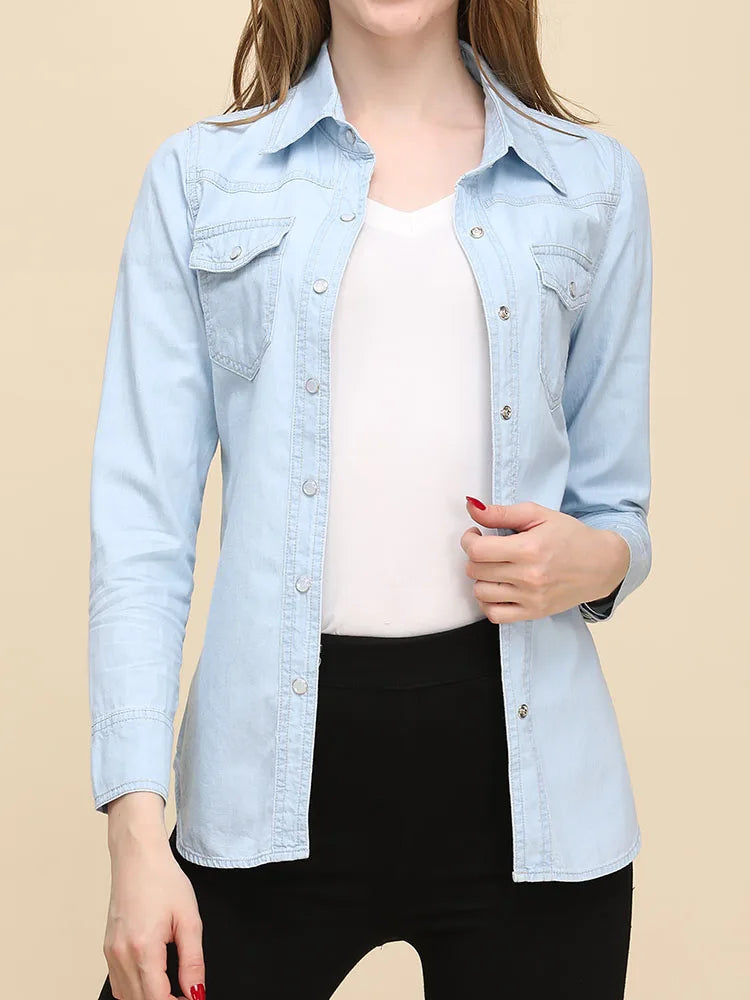 Spring 2026 New Denim Shirts And Blouse For Women Korean Style Long Sleeve Top Blue Or Sky Blue Color Jeans Elegant Blouses