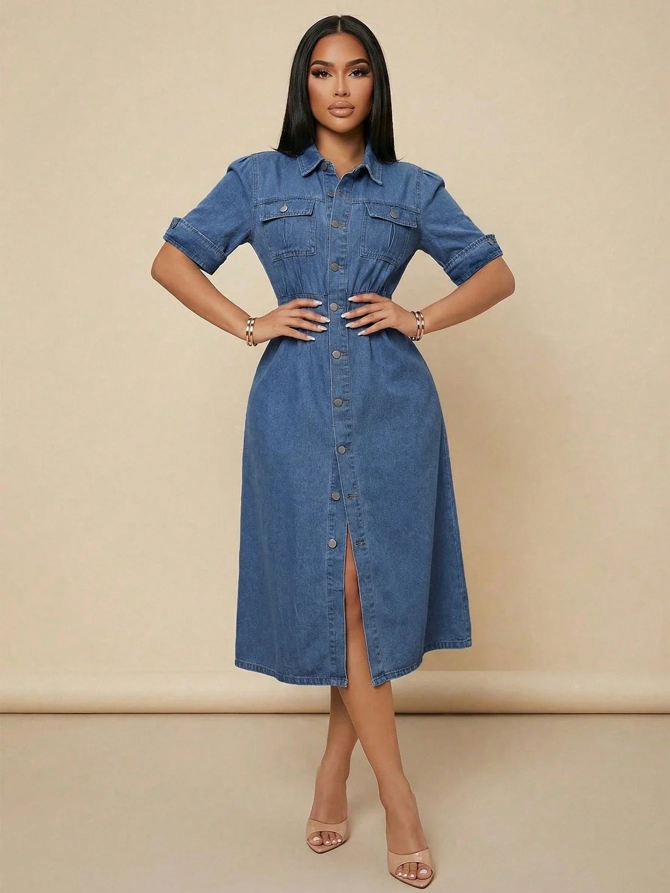 Retro Denim Midi Shirt Dress With Pockets