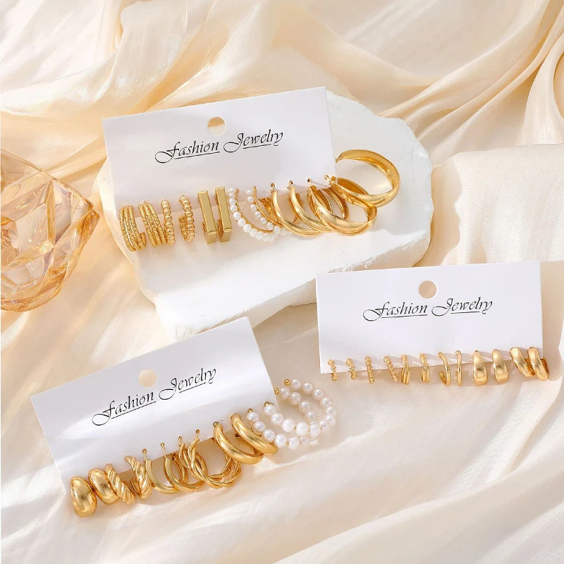 Fashion Geometric Hoop Earrings Set for Women Vintage Bohemian Pearl Gold Color round Earring Punk Daily Wear Jewelry Gifts 2025