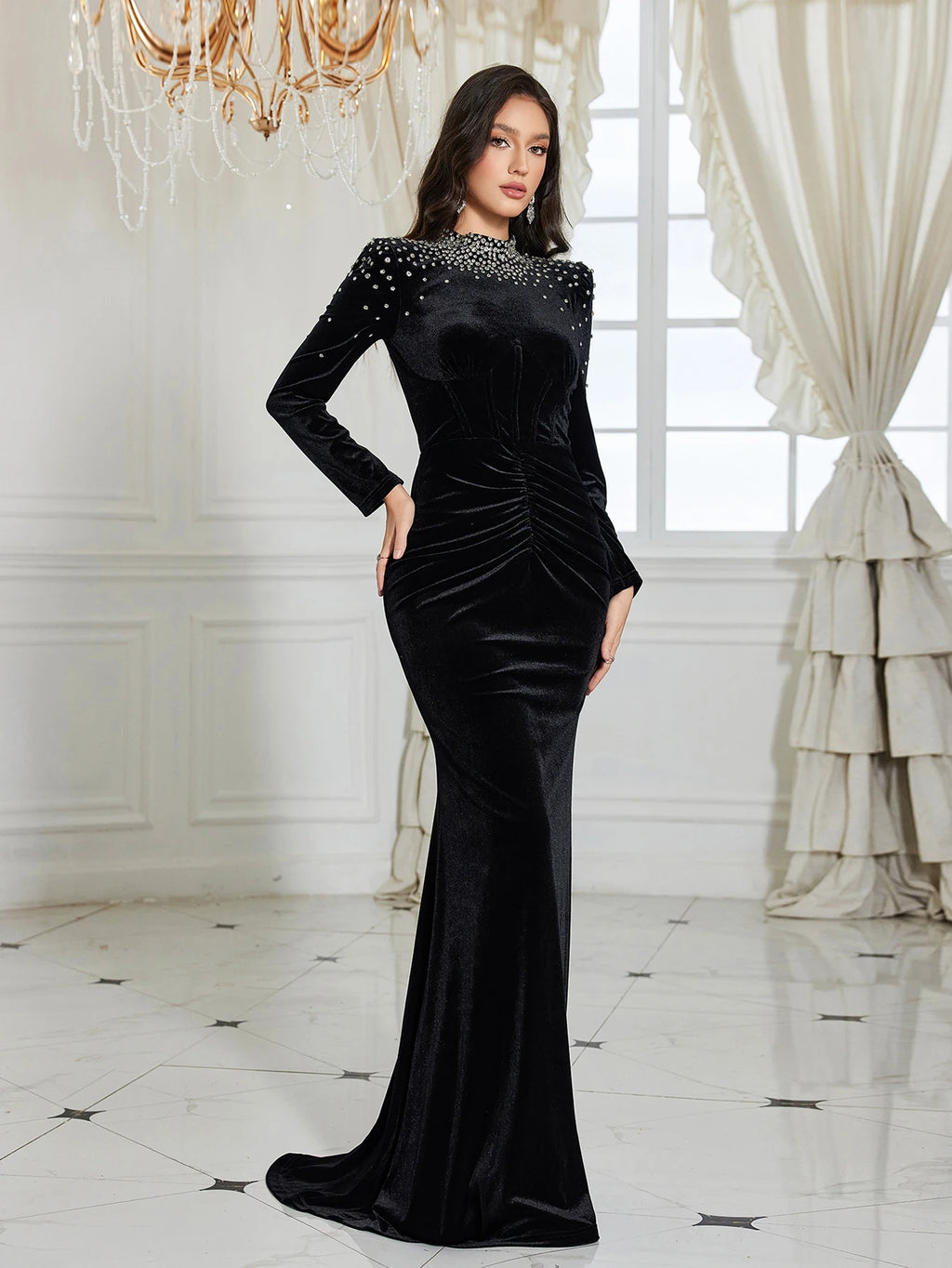 Velour Puff Sleeve Slim Fit Evening Dress