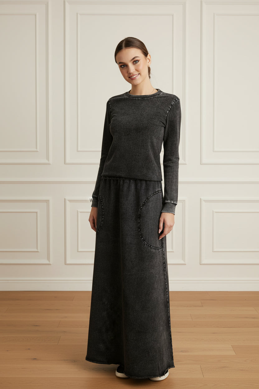Denim Top and Maxi Skirt Set for Women with Raw Edge Detail