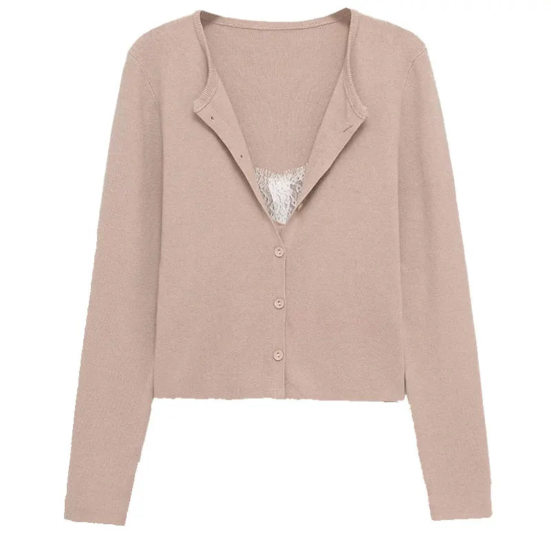 Women Fashion Lace V Neck Cropped Knit Sweater