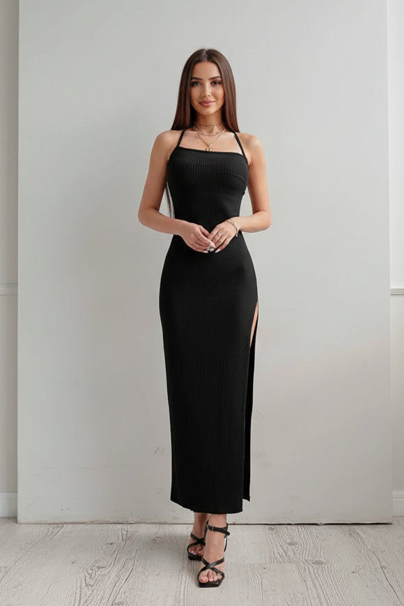 Black Halter Split Bodycon Dress