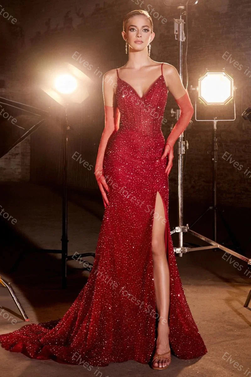 Shiny Red Sequin Side Split Evening Gown