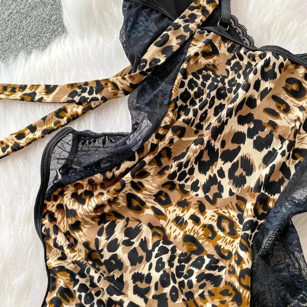 Women Hotsweet V-neck Leopard Slim Vintage Straps Bodysuits Chic Lace Slim Jumpsuits Comfortable Fashion Underwear
