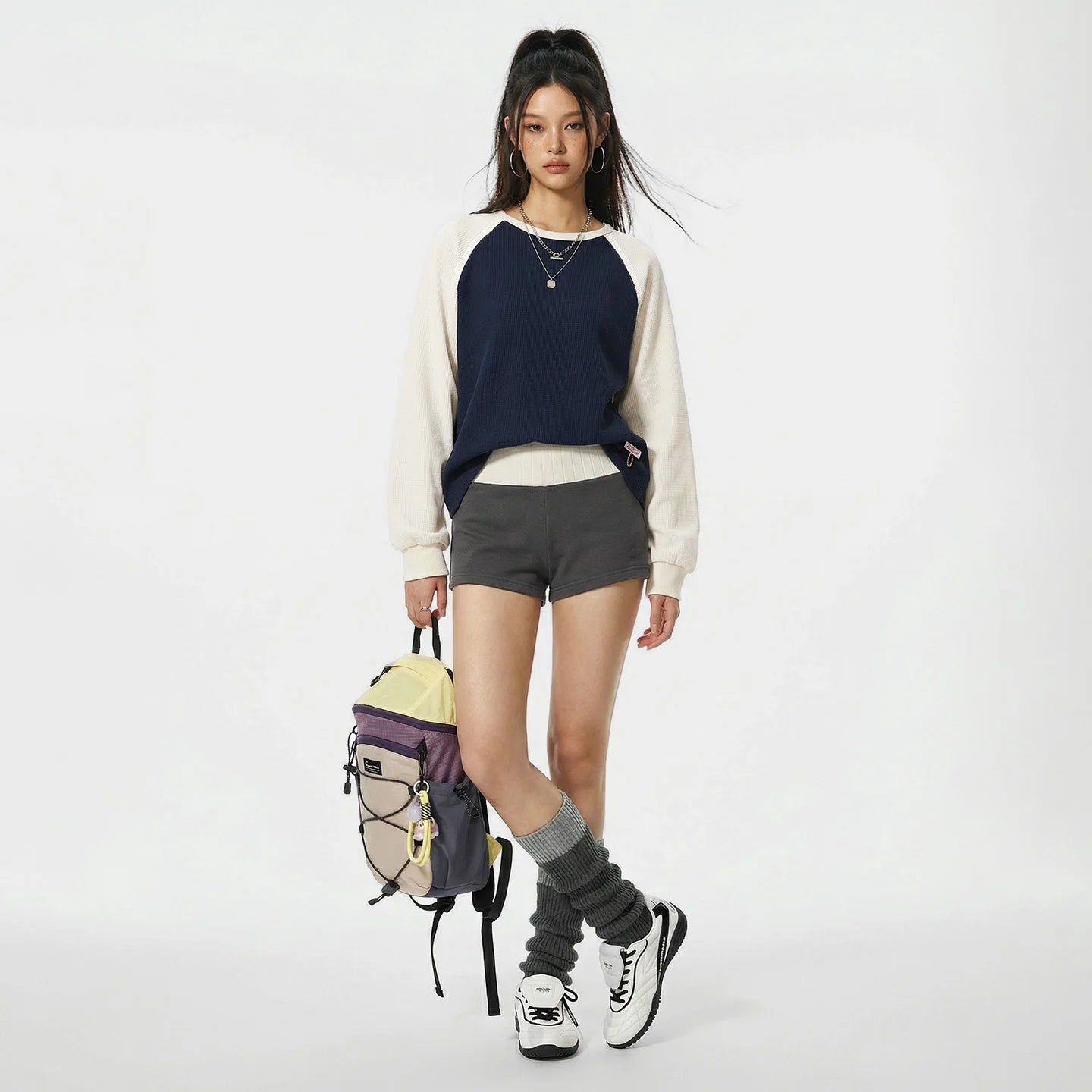 Maden Women's Americana Long Sleeve Pullover Sweatshirt Waffle Raglan Sleeve Soft Casual Colorblock Female Tops Spring Fall