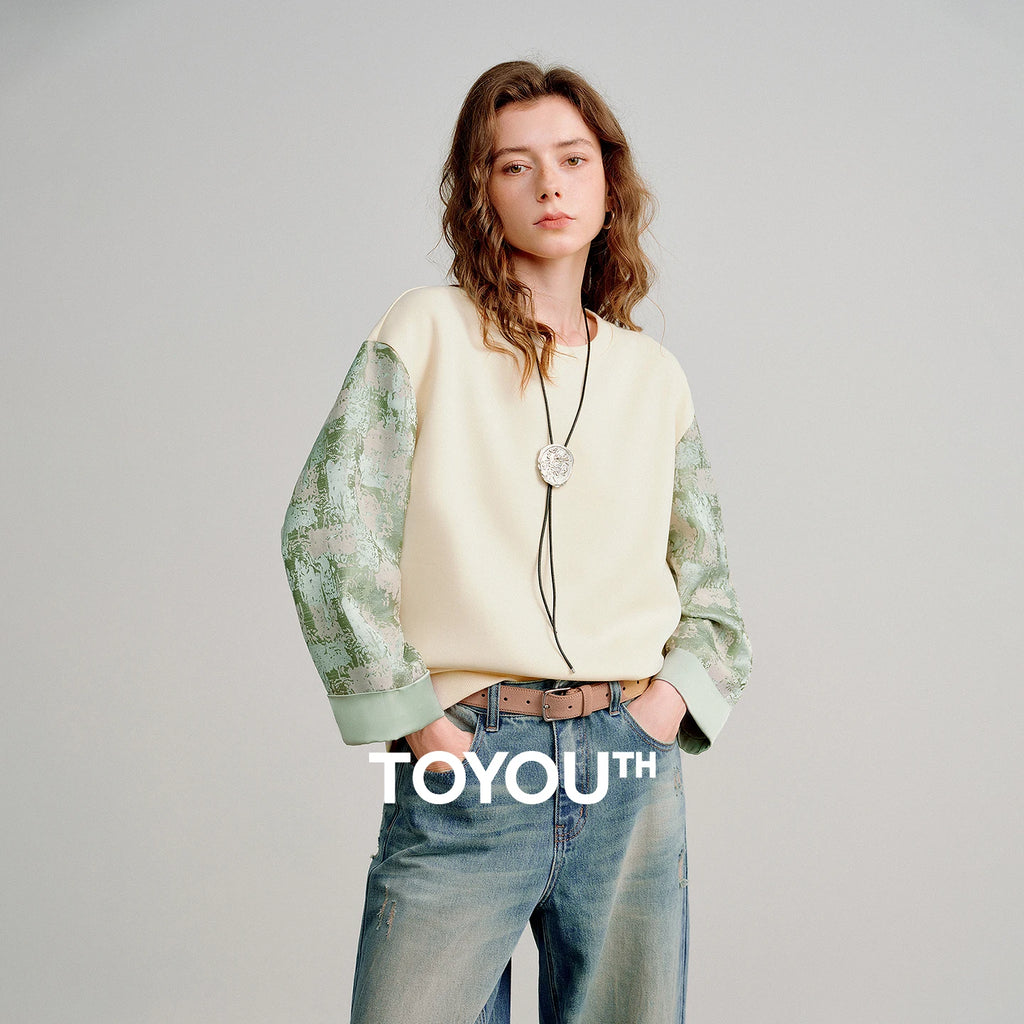 TOYOUTH Women Hoodies 2026 Spring New Fake Two-Piece Splicing Jacquard Casual Sweatshirt Tops