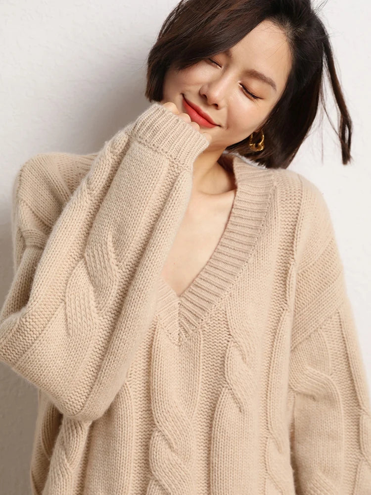 Women Loose Sweater V-neck Pullovers Knitwear