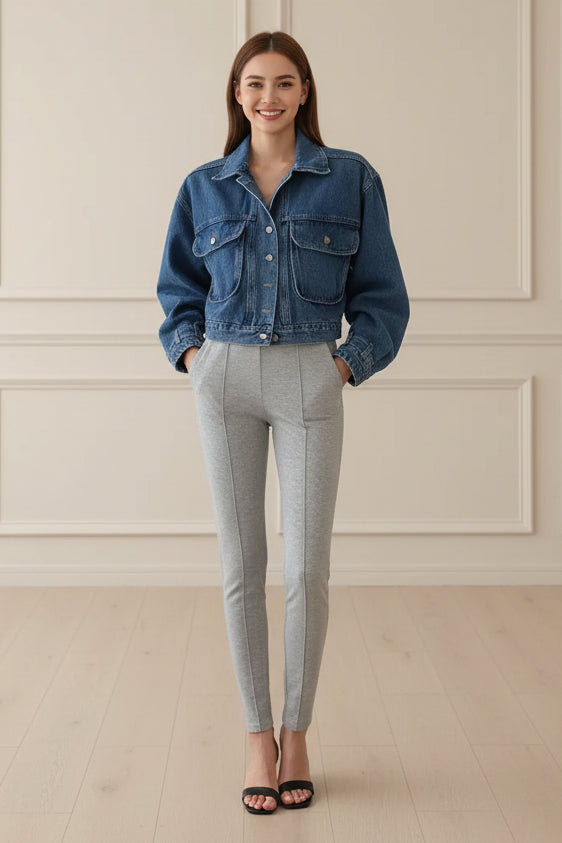 Cropped Puff Sleeve Denim Jacket for Women