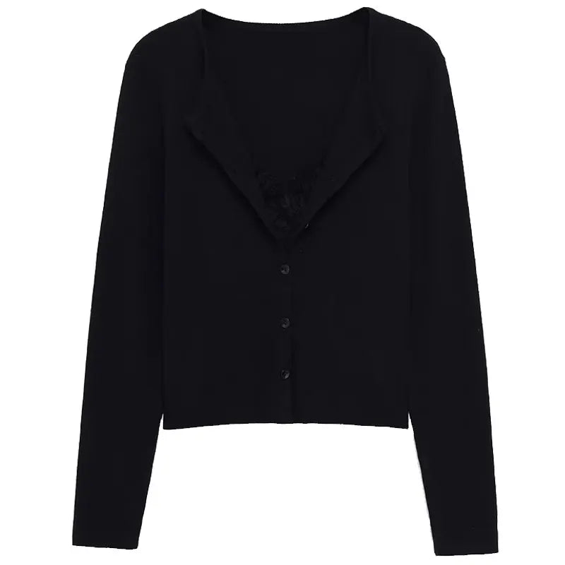 Women Fashion Lace V Neck Cropped Knit Sweater