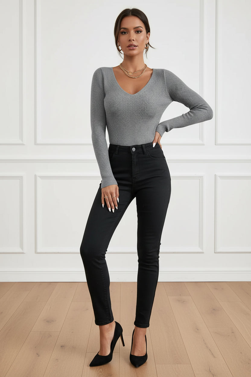 Rib Knit V Neck Stripe Sweater for Women