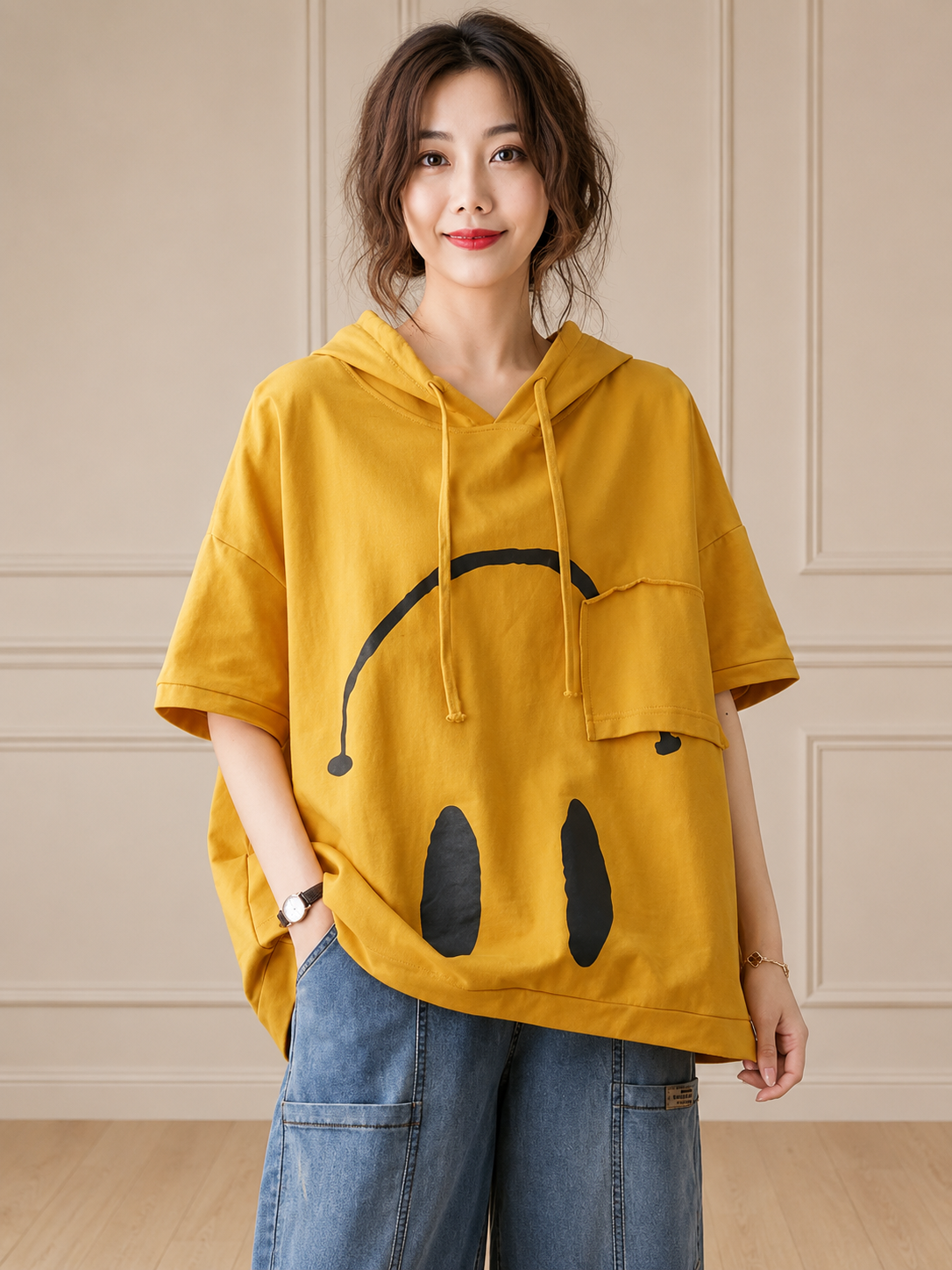 Women Oversized Printed Short Sleeve Hoodie