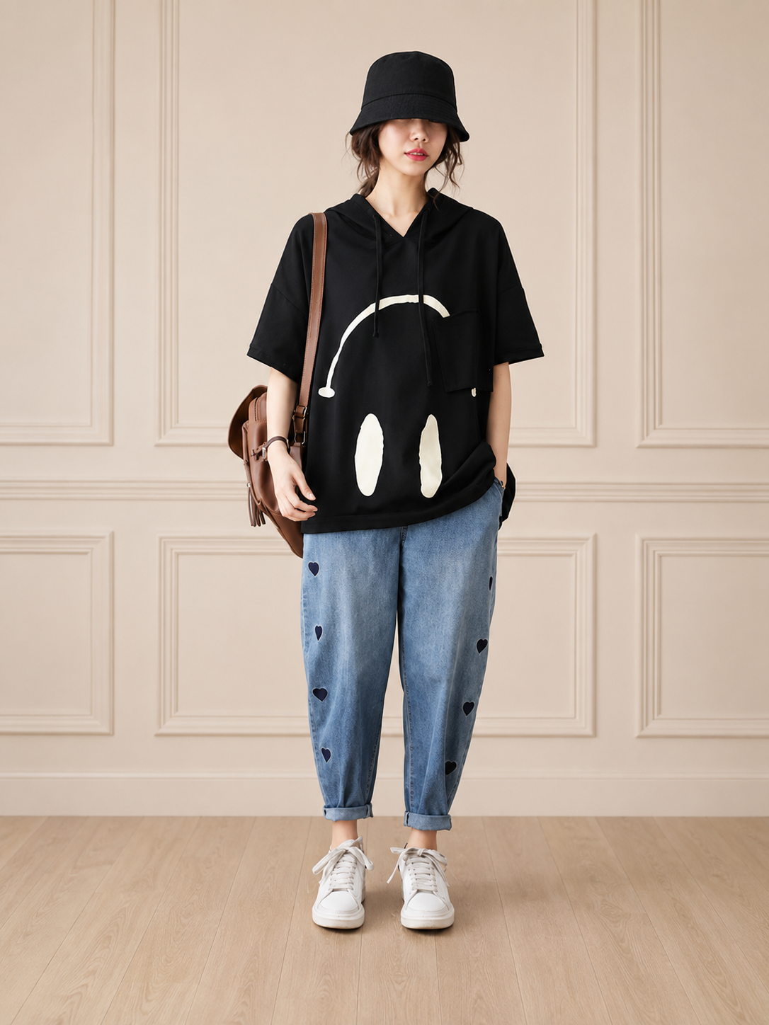 Women Oversized Printed Short Sleeve Hoodie