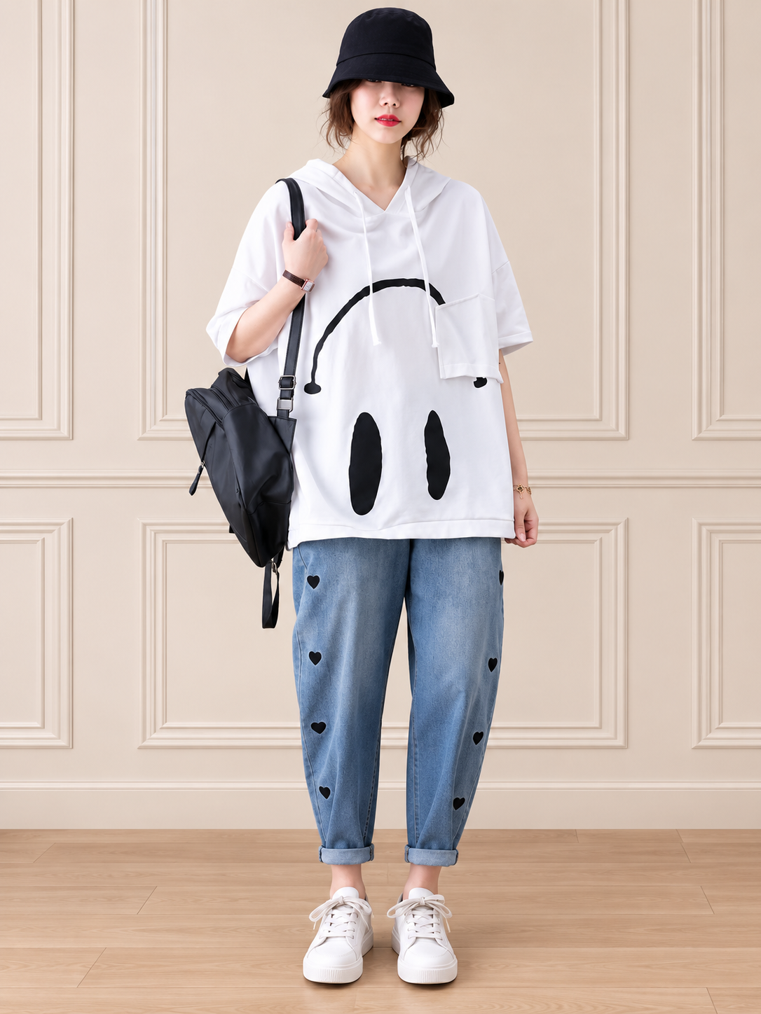 Women Oversized Printed Short Sleeve Hoodie