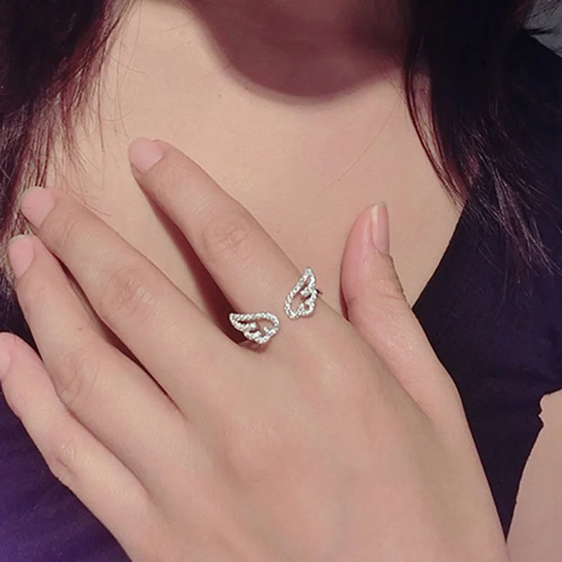 Women Korean Angel Wing Rhinestone Adjustable Ring Jewelry