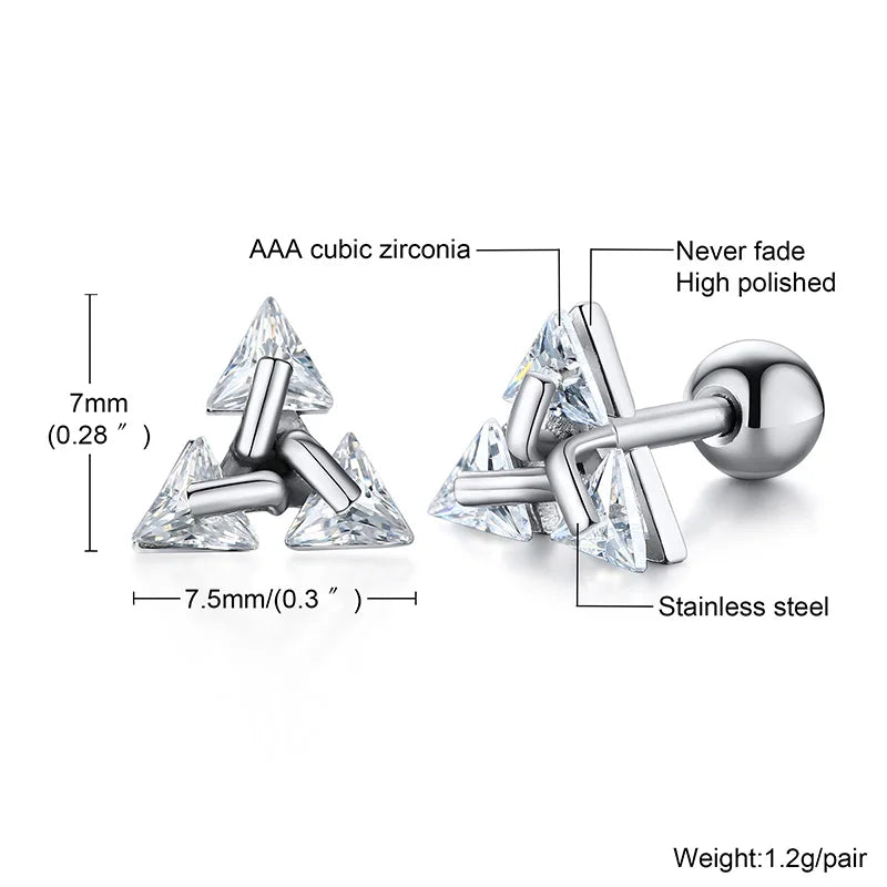 Men Triangle Zircon Stainless Steel Stud Earrings
