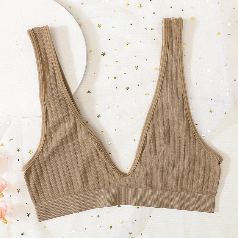 Seamless Ribbed Deep V Wireless Push Up Bralette for Women