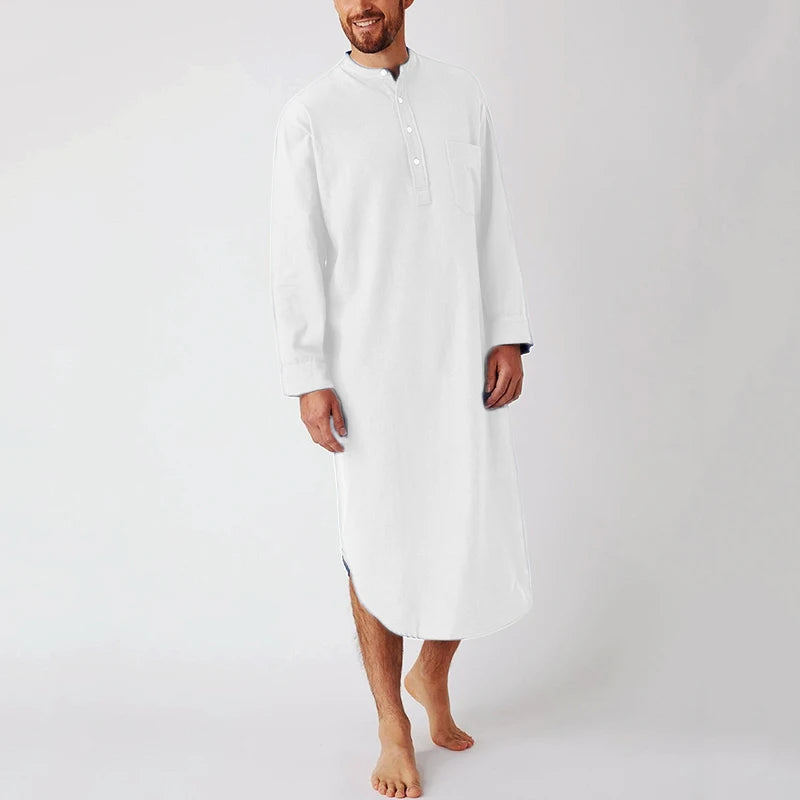 Men Button Down Sleep Robe Stand Collar Bathrobe Nightwear