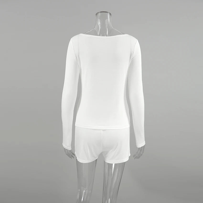 QINSI Casual White Pajamas for Women Set O Neck Full Sleeves Top Solid Shorts Loungewear Women Sets Breathable Pyjamas Women