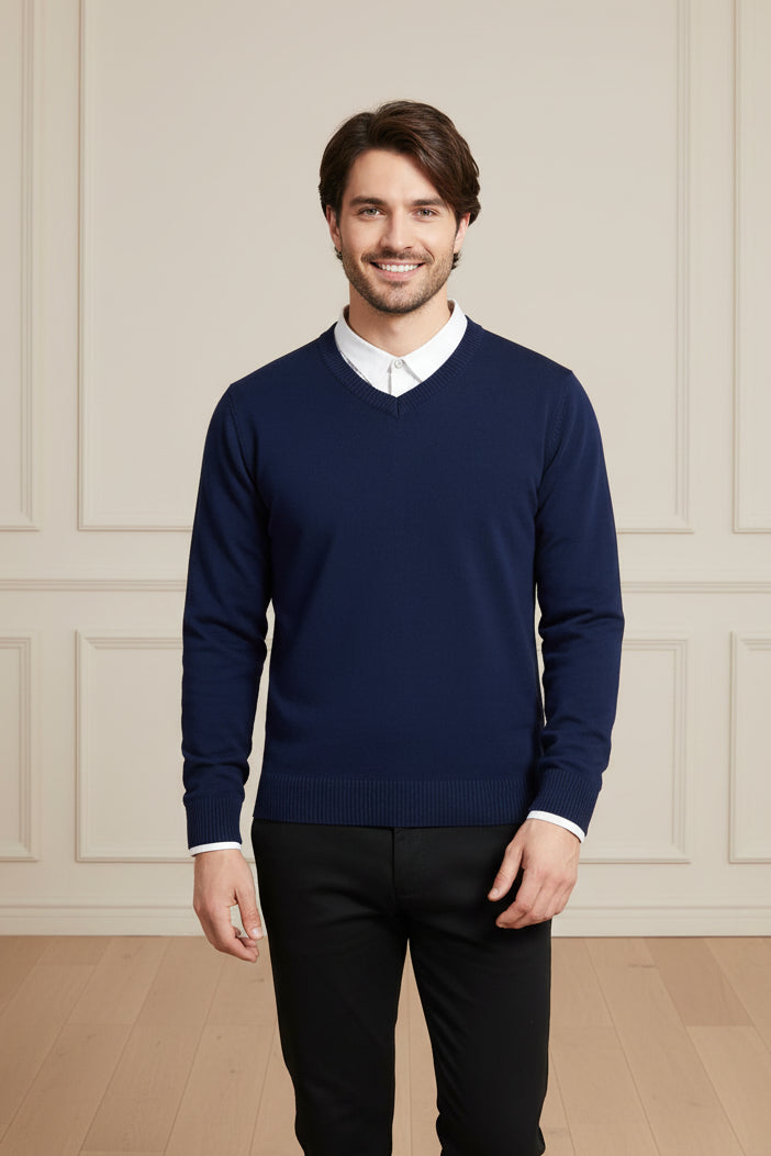 Men V Neck Cotton Knitted Sweater