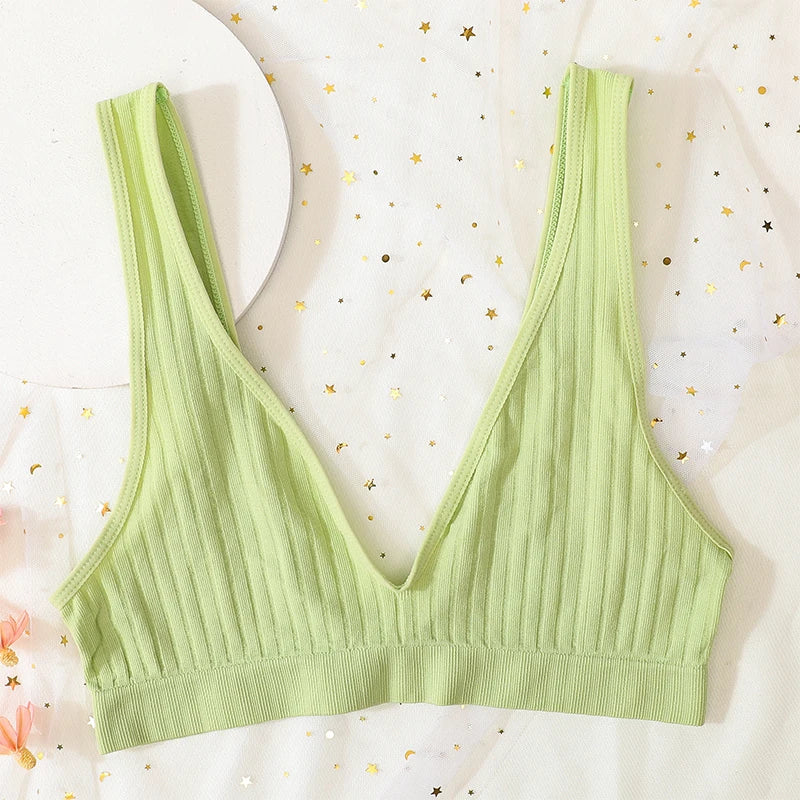 Seamless Ribbed Deep V Wireless Push Up Bralette for Women