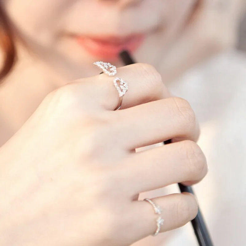 Women Korean Angel Wing Rhinestone Adjustable Ring Jewelry